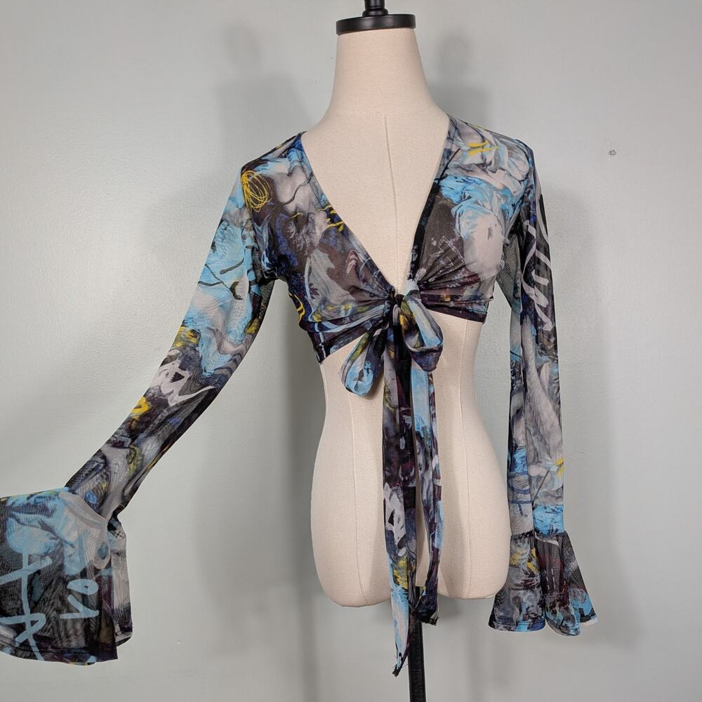 Y2K Mesh Shrug Top S Blue Back Crop Fairy Whimsigoth Tie Cardigan Floral Euro - Picture 8 of 11